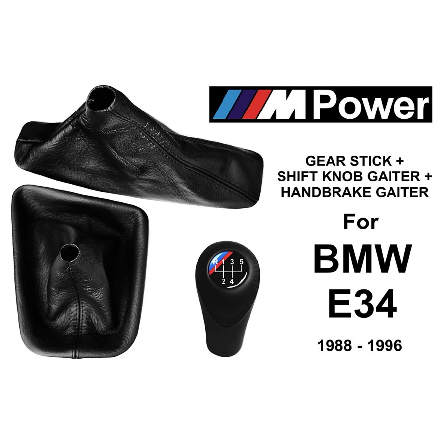 BMW E34 M Technic Leather Gear Shift Knob Stick 5 Speed Manual Transmission Shifter Lever + Handbrake + Gaiter Boot