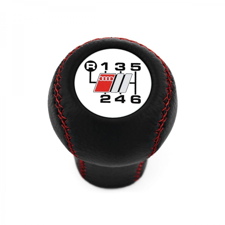 Audi Sport White Emblem Red Stitched Leather Shift Knob 6 Speed Manual Transmission Shifter Lever Screw-On Type M12x1.5