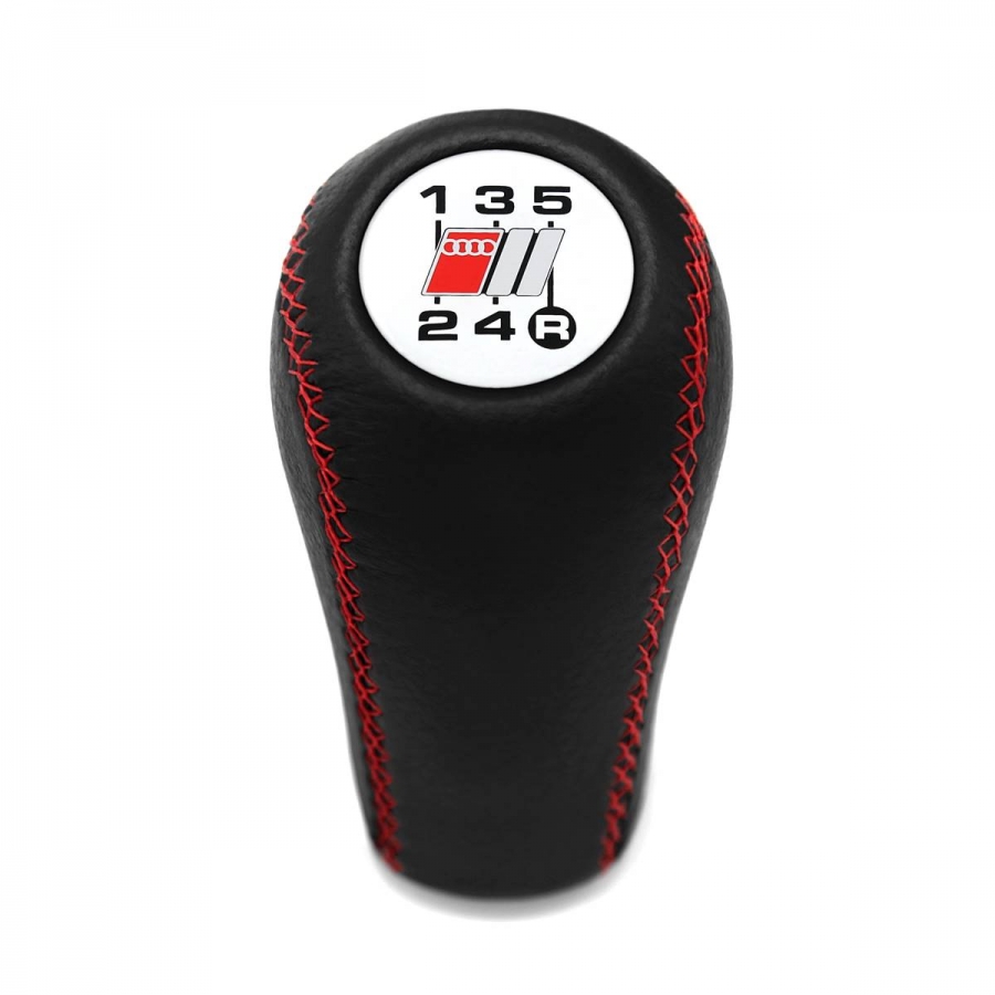 Audi S White Emblem Sport Red Stitch Leather Gear Shift Knob Stick 5 Speed Manual Transmission Screw-On Type M12x1.5