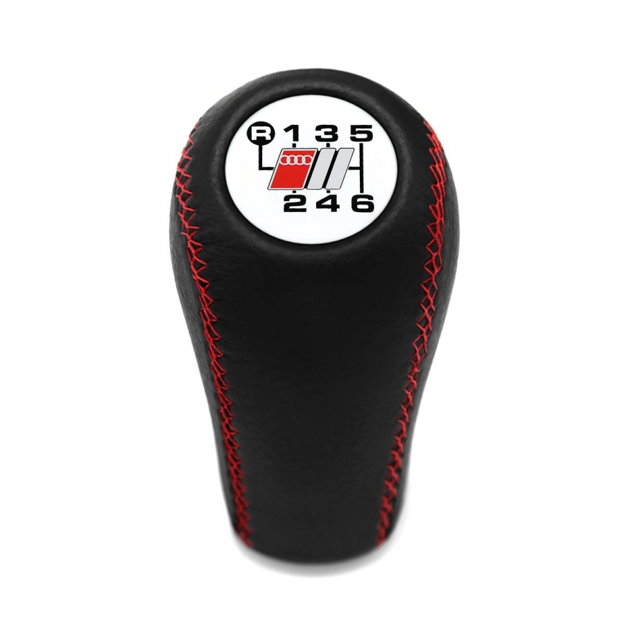 Audi S White Emblem Red Stitched Leather Gear Shift Knob 6 Speed Manual Transmission Shifter Lever Screw-On Type M12x1.5